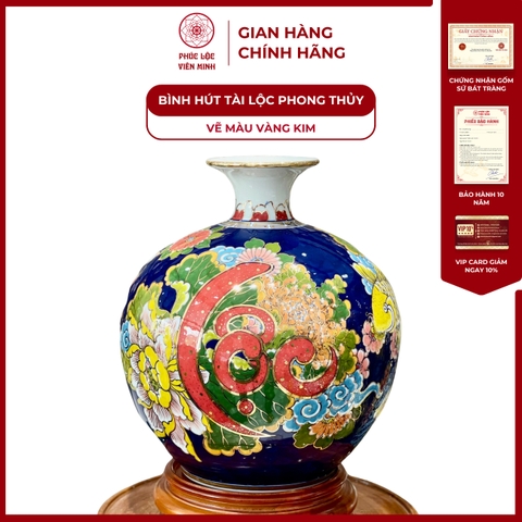 Bình Hút Lộc Đơn Cảnh Vẽ Màu Vàng Kim Gốm Sứ Bát Tràng - Phúc Lộc Viên Minh
