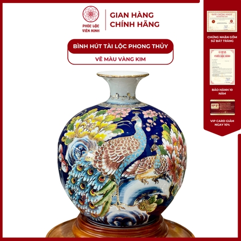 Bình Hút Lộc Đơn Cảnh Vẽ Màu Vàng Kim Gốm Sứ Bát Tràng - Phúc Lộc Viên Minh