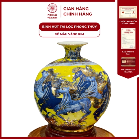 Bình Hút Lộc Đơn Cảnh Vẽ Màu Vàng Kim Gốm Sứ Bát Tràng - Phúc Lộc Viên Minh
