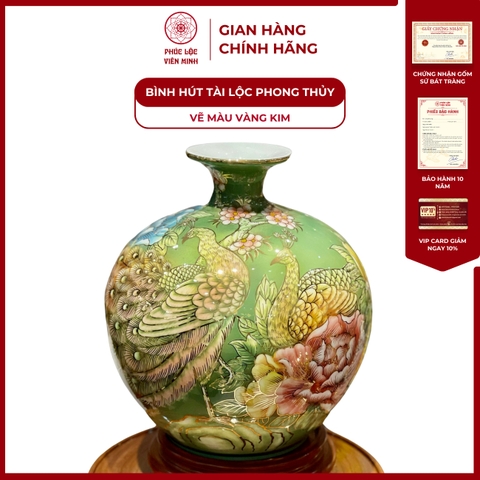 Bình Hút Lộc Đơn Cảnh Vẽ Màu Vàng Kim Gốm Sứ Bát Tràng - Phúc Lộc Viên Minh
