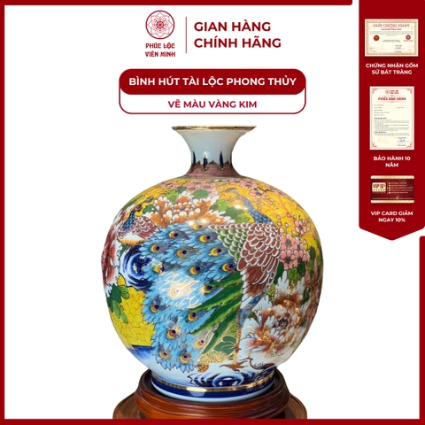 Bình Hút Lộc Đơn Cảnh Vẽ Màu Vàng Kim Gốm Sứ Bát Tràng - Phúc Lộc Viên Minh