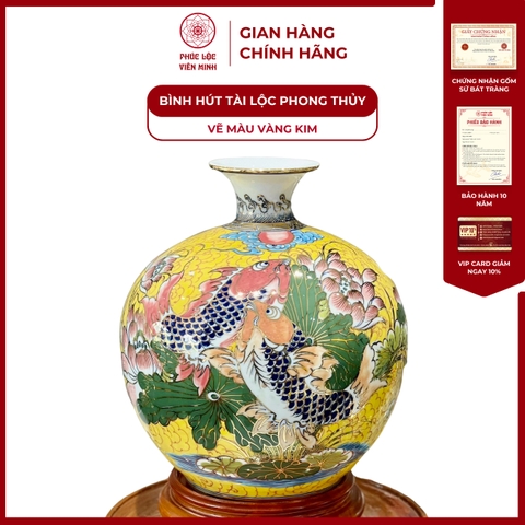 Bình Hút Lộc Đơn Cảnh Vẽ Màu Vàng Kim Gốm Sứ Bát Tràng - Phúc Lộc Viên Minh