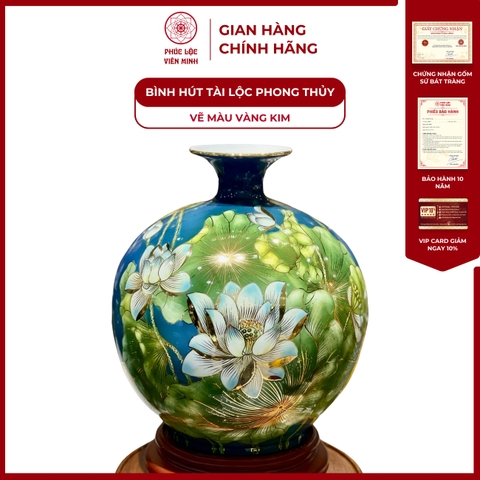 Bình Hút Lộc Đơn Cảnh Vẽ Màu Vàng Kim Gốm Sứ Bát Tràng - Phúc Lộc Viên Minh