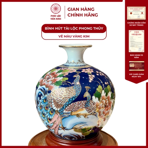 Bình Hút Lộc Đơn Cảnh Vẽ Màu Vàng Kim Gốm Sứ Bát Tràng - Phúc Lộc Viên Minh