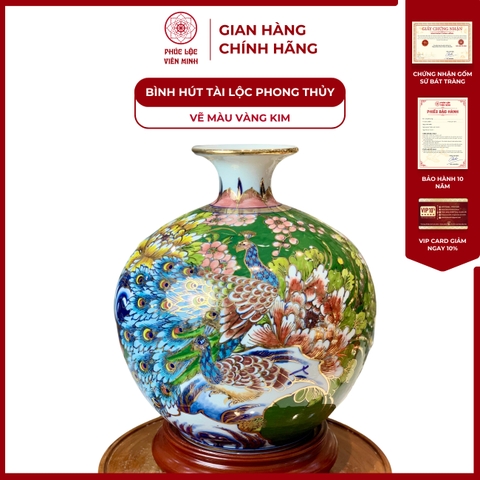 Bình Hút Lộc Đơn Cảnh Vẽ Màu Vàng Kim Gốm Sứ Bát Tràng - Phúc Lộc Viên Minh