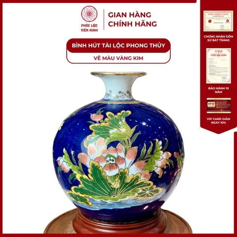 Bình Hút Lộc Đơn Cảnh Vẽ Màu Vàng Kim Gốm Sứ Bát Tràng - Phúc Lộc Viên Minh