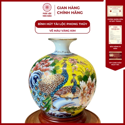 Bình Hút Lộc Đơn Cảnh Vẽ Màu Vàng Kim Gốm Sứ Bát Tràng - Phúc Lộc Viên Minh