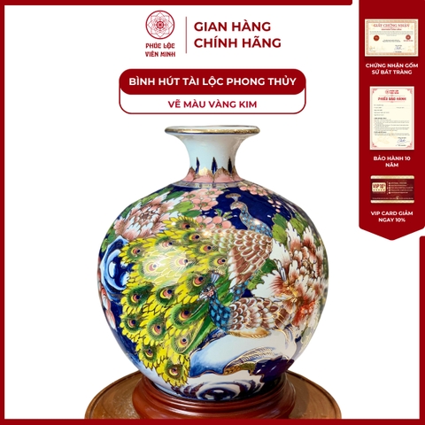 Bình Hút Lộc Đơn Cảnh Vẽ Màu Vàng Kim Gốm Sứ Bát Tràng - Phúc Lộc Viên Minh