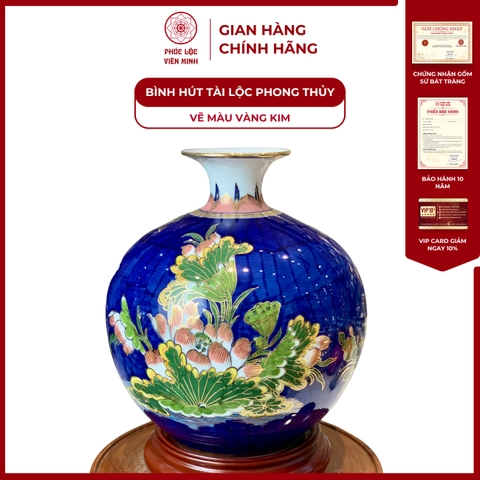 Bình Hút Lộc Đơn Cảnh Vẽ Màu Vàng Kim Gốm Sứ Bát Tràng - Phúc Lộc Viên Minh