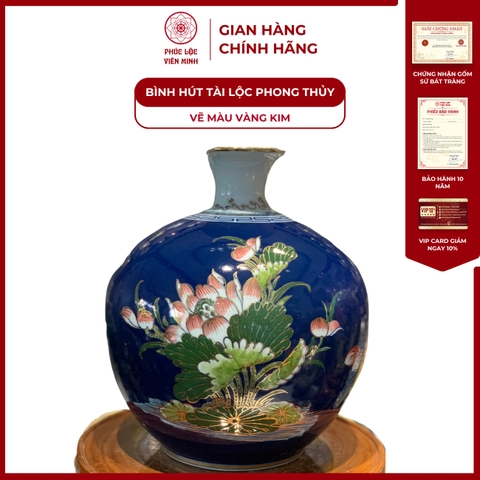 Bình Hút Lộc Đơn Cảnh Vẽ Màu Vàng Kim Gốm Sứ Bát Tràng - Phúc Lộc Viên Minh