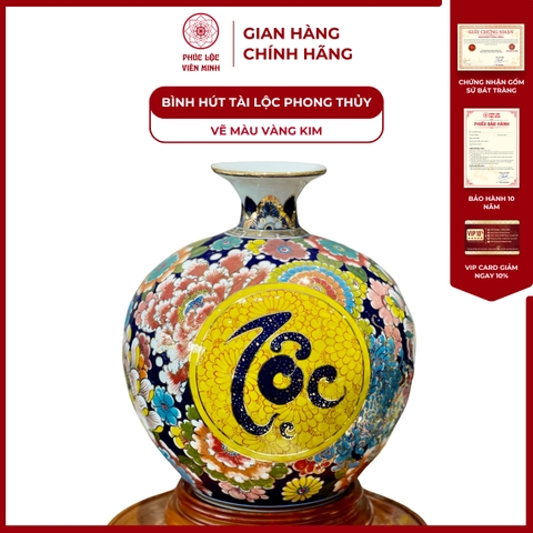 Bình Hút Lộc Đơn Cảnh Vẽ Màu Vàng Kim Gốm Sứ Bát Tràng - Phúc Lộc Viên Minh