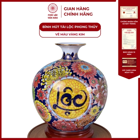 Bình Hút Lộc Đơn Cảnh Vẽ Màu Vàng Kim Gốm Sứ Bát Tràng - Phúc Lộc Viên Minh