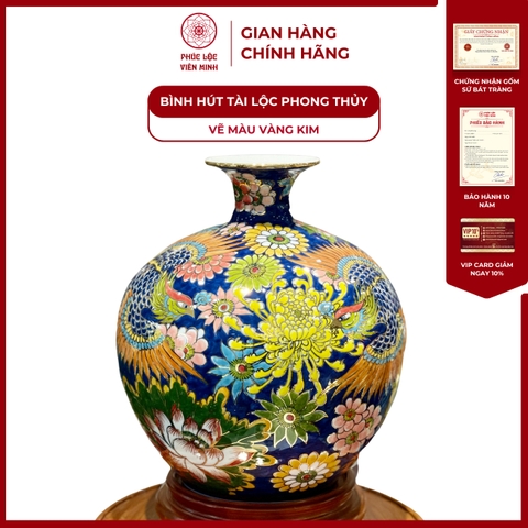 Bình Hút Lộc Đơn Cảnh Vẽ Màu Vàng Kim Gốm Sứ Bát Tràng - Phúc Lộc Viên Minh