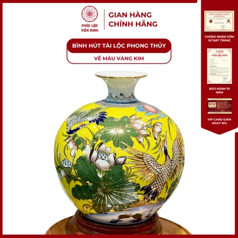 Bình Hút Lộc Đơn Cảnh Vẽ Màu Vàng Kim Gốm Sứ Bát Tràng - Phúc Lộc Viên Minh