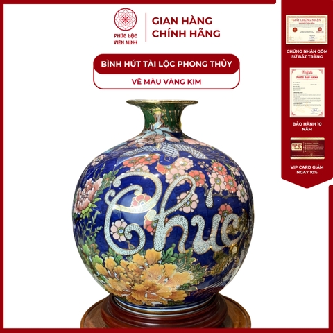 Bình Hút Lộc Đơn Cảnh Vẽ Màu Vàng Kim Gốm Sứ Bát Tràng - Phúc Lộc Viên Minh