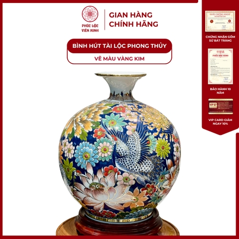 Bình Hút Lộc Đơn Cảnh Vẽ Màu Vàng Kim Gốm Sứ Bát Tràng - Phúc Lộc Viên Minh
