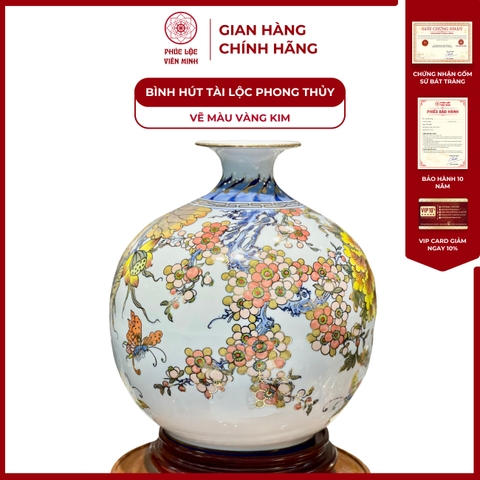 Bình Hút Lộc Đơn Cảnh Vẽ Màu Vàng Kim Gốm Sứ Bát Tràng - Phúc Lộc Viên Minh