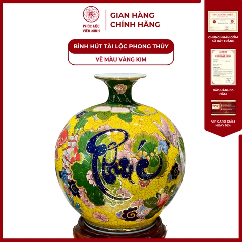 Bình Hút Lộc Đơn Cảnh Vẽ Màu Vàng Kim Gốm Sứ Bát Tràng - Phúc Lộc Viên Minh