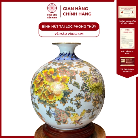 Bình Hút Lộc Đơn Cảnh Vẽ Màu Vàng Kim Gốm Sứ Bát Tràng - Phúc Lộc Viên Minh