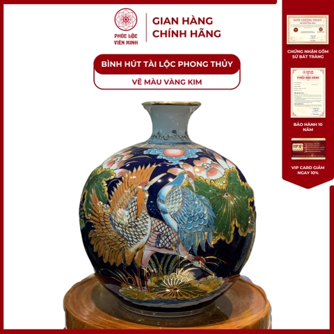 Bình Hút Lộc Đơn Cảnh Vẽ Màu Vàng Kim Gốm Sứ Bát Tràng - Phúc Lộc Viên Minh