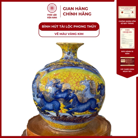 Bình Hút Lộc Đơn Cảnh Vẽ Màu Vàng Kim Gốm Sứ Bát Tràng - Phúc Lộc Viên Minh