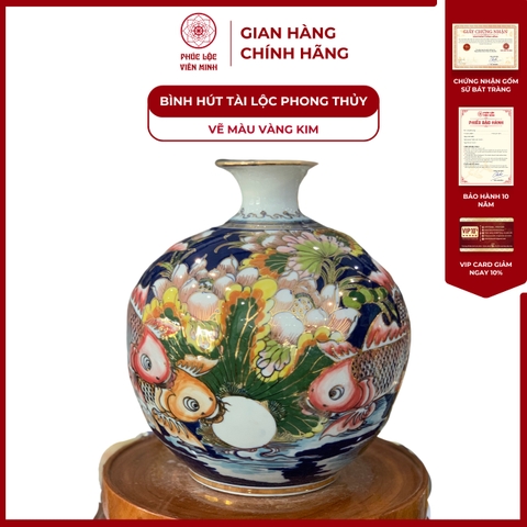 Bình Hút Lộc Đơn Cảnh Vẽ Màu Vàng Kim Gốm Sứ Bát Tràng - Phúc Lộc Viên Minh