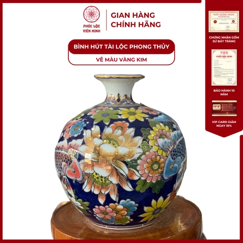 Bình Hút Lộc Đơn Cảnh Vẽ Màu Vàng Kim Gốm Sứ Bát Tràng - Phúc Lộc Viên Minh