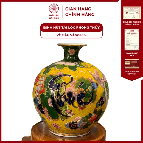 Bình Hút Lộc Đơn Cảnh Vẽ Màu Vàng Kim Gốm Sứ Bát Tràng - Phúc Lộc Viên Minh