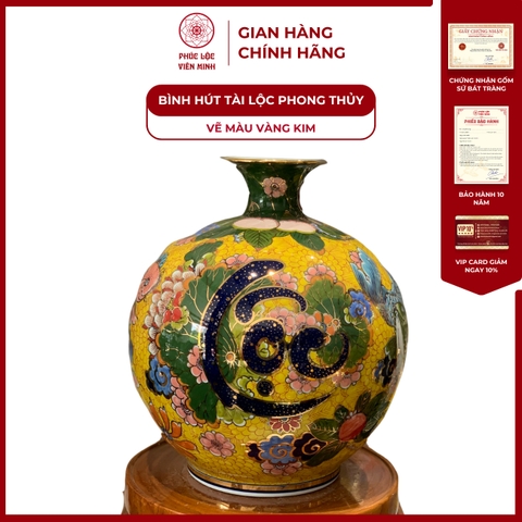 Bình Hút Lộc Đơn Cảnh Vẽ Màu Vàng Kim Gốm Sứ Bát Tràng - Phúc Lộc Viên Minh