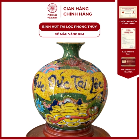 Bình Hút Lộc Đơn Cảnh Vẽ Màu Vàng Kim Gốm Sứ Bát Tràng - Phúc Lộc Viên Minh