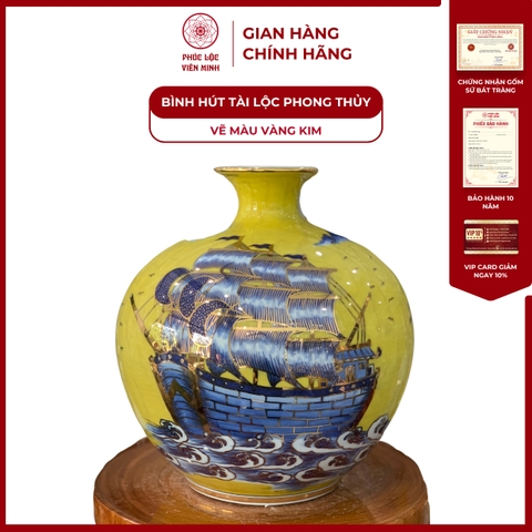 Bình Hút Lộc Đơn Cảnh Vẽ Màu Vàng Kim Gốm Sứ Bát Tràng - Phúc Lộc Viên Minh