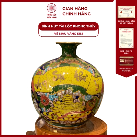 Bình Hút Lộc Đơn Cảnh Vẽ Màu Vàng Kim Gốm Sứ Bát Tràng - Phúc Lộc Viên Minh