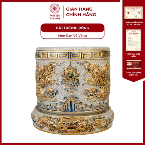 Bát Hương Song Long Chầu Nguyệt Men Rạn Vẽ Vàng Gốm Sứ Bát Tràng - Phúc Lộc Viên Minh - PLVM1002