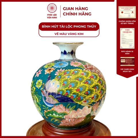 Bình Hút Lộc Đơn Cảnh Vẽ Màu Vàng Kim Gốm Sứ Bát Tràng - Phúc Lộc Viên Minh