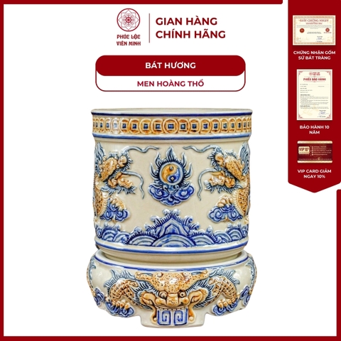 Bát Hương Song Long Chầu Nguyệt Kèm Đế Men Hoàng Thổ Gốm Sứ Bát Tràng - Phúc Lộc Viên Minh