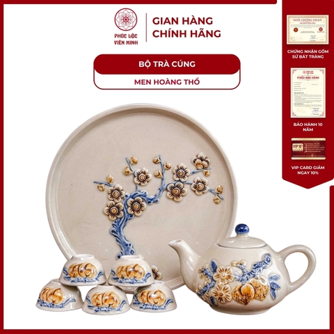 Bộ Trà Cúng 5 Chén Men Hoàng Thổ Gốm Sứ Bát Tràng - Phúc Lộc Viên Minh