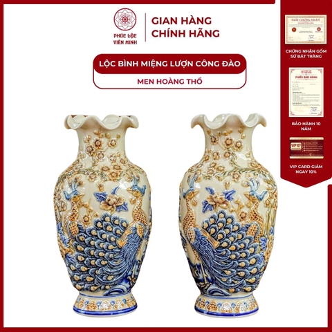 Đôi Lộc Bình Miệng Lượn Họa Tiết Công Đào Men Hoàng Thổ Gốm Sứ Bát Tràng - Phúc Lộc Viên Minh