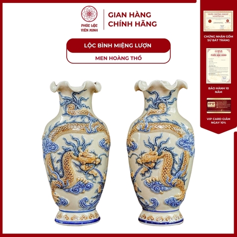 Đôi Lộc Bình Miệng Lượn Họa Tiết Rồng Men Hoàng Thổ Gốm Sứ Bát Tràng - Phúc Lộc Viên Minh