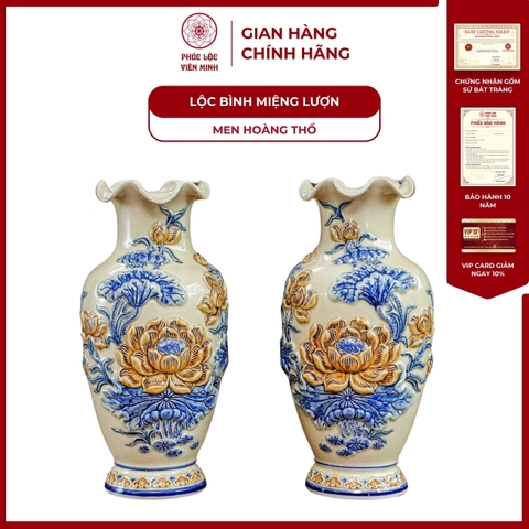 Đôi Lộc Bình Miệng Lượn Họa Tiết Sen Men Hoàng Thổ Gốm Sứ Bát Tràng - Phúc Lộc Viên Minh