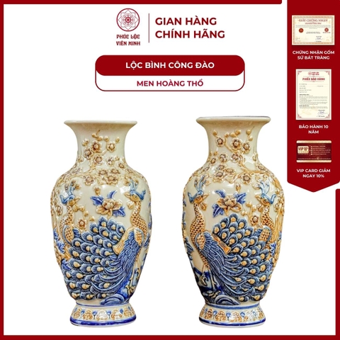 Đôi Lộc Bình Họa Tiết Công Đào Men Hoàng Thổ Gốm Sứ Bát Tràng - Phúc Lộc Viên Minh