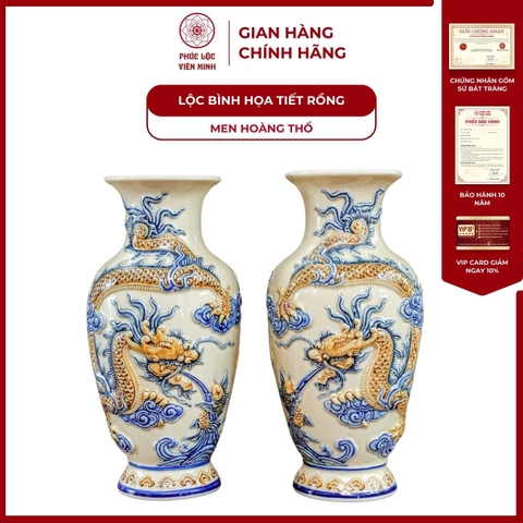 Đôi Lộc Bình Họa Tiết Rồng Men Hoàng Thổ Gốm Sứ Bát Tràng - Phúc Lộc Viên Minh