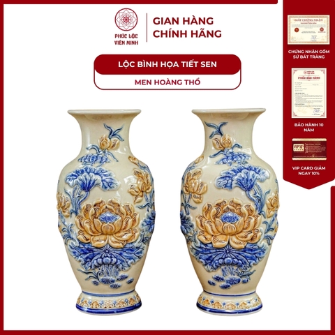 Đôi Lộc Bình Họa Tiết Sen Men Hoàng Thổ Gốm Sứ Bát Tràng - Phúc Lộc Viên Minh