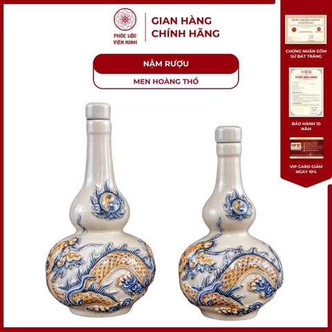 Nậm Rượu Hai Bầu Họa Tiết Rồng Men Hoàng Thổ Gốm Sứ Bát Tràng - Phúc Lộc Viên Minh