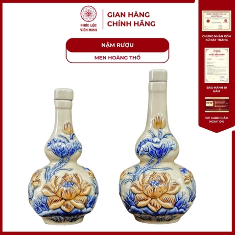 Nậm Rượu Hai Bầu Họa Tiết Sen Men Hoàng Thổ Gốm Sứ Bát Tràng - Phúc Lộc Viên Minh