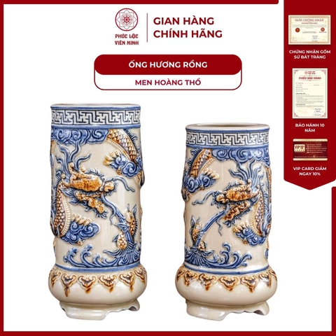 Ống Hương Họa Tiết Rồng Men Hoàng Thổ Gốm Sứ Bát Tràng - Phúc Lộc Viên Minh