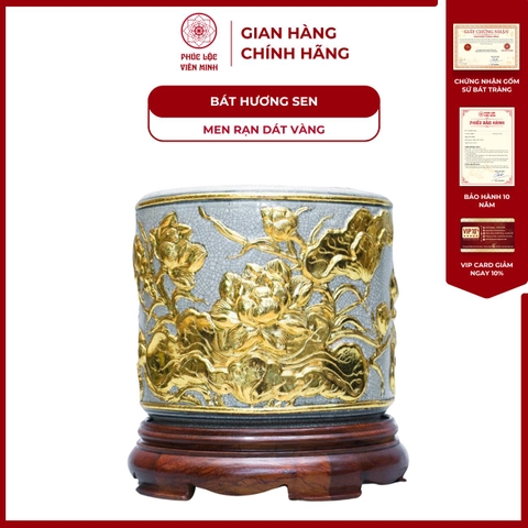 Bát Hương Họa Tiết Sen Men Rạn Dát Vàng Gốm Sứ Bát Tràng - Phúc Lộc Viên Minh