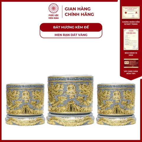 Bộ Bát Hương Song Long Chầu Nguyện Kèm Đế Men Rạn Dát Vàng Gốm Sứ Bát Tràng - Phúc Lộc Viên Minh - PLVM1503