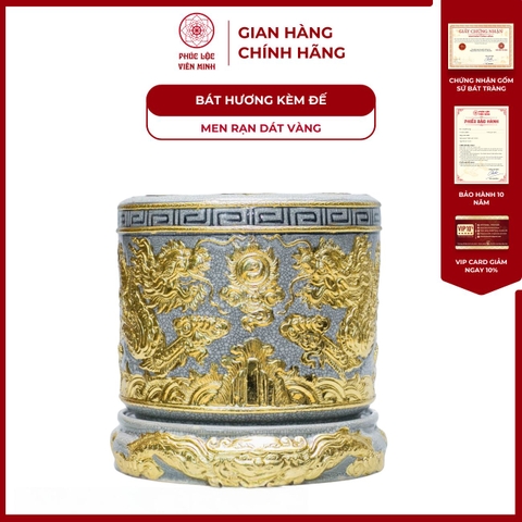 Bát Hương Song Long Chầu Nguyện Kèm Đế Men Rạn Dát Vàng Gốm Sứ Bát Tràng - Phúc Lộc Viên Minh