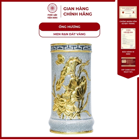 Ống Hương Họa Tiết Sen Men Rạn Dát Vàng Gốm Sứ Bát Tràng - Phúc Lộc Viên Minh