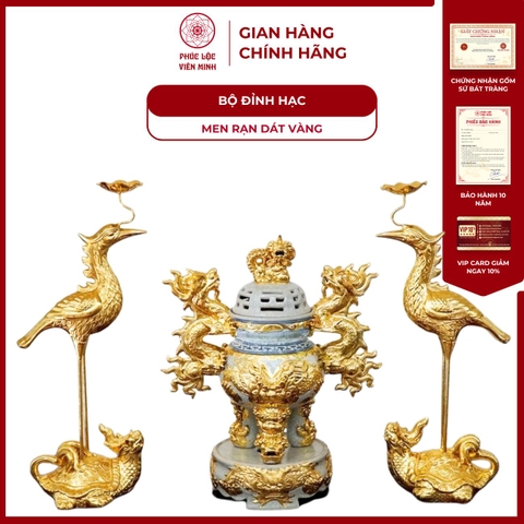 Bộ Đỉnh Hạc Men Rạn Dát Vàng Gốm Sứ Bát Tràng - Phúc Lộc Viên Minh - PLVM1502